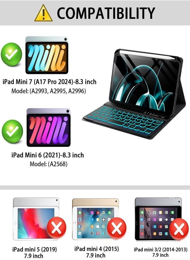 SAMTUNK for iPad mini 7 (2024) & Mini 6 (2021) Case with Keyboard for iPad mini (A17 Pro) 7th 6th Generation 8.3" - Rainbow Backlit Keyboard Case - Built in Pencil Holder with Mouse - Black - Image 3