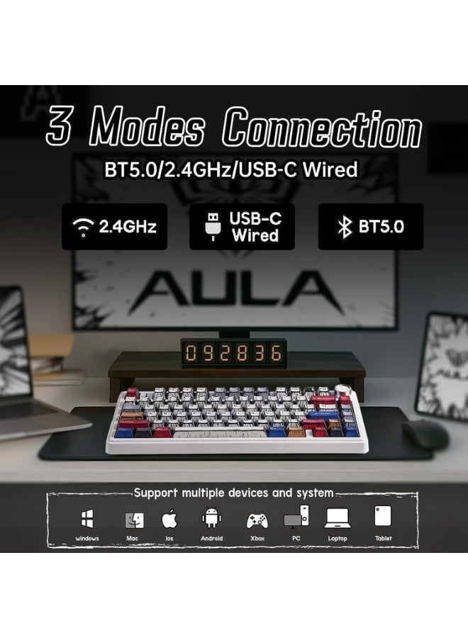 AULA F75 لوحة مفاتيح ميكانيكية للألعاب بتقنية RGB ثلاثية الوضع مع مقبض تحكم وغطاء مفاتيح كوميكس، مفاتيح قابلة للتبديل الساخن – للكمبيوتر الشخصي/ماك/المكتب - Image 4