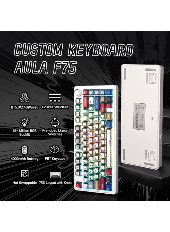 AULA F75 لوحة مفاتيح ميكانيكية للألعاب بتقنية RGB ثلاثية الوضع مع مقبض تحكم وغطاء مفاتيح كوميكس، مفاتيح قابلة للتبديل الساخن – للكمبيوتر الشخصي/ماك/المكتب - Image 2