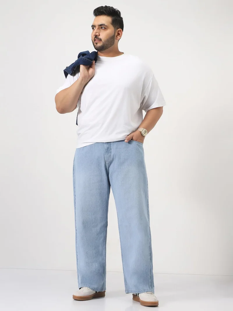 Urbano Fashion  Urbano Plus Men's Ice Blue Loose Baggy Fit Washed Denim Jeans Non-Stretchable  | Best Price UAE