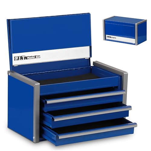 PIT P.I.T. Mini Blue Tool Box, Portable 3 Drawer Steel Stackable Tool Box with Magnetic Tab Locking, Blue Micro Top Chest with Liner for Tools Storage and Organizers, Home DIY - Image 1