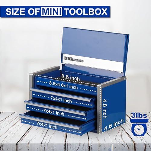 PIT P.I.T. Mini Blue Tool Box, Portable 3 Drawer Steel Stackable Tool Box with Magnetic Tab Locking, Blue Micro Top Chest with Liner for Tools Storage and Organizers, Home DIY - Image 2