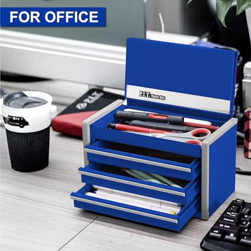 PIT P.I.T. Mini Blue Tool Box, Portable 3 Drawer Steel Stackable Tool Box with Magnetic Tab Locking, Blue Micro Top Chest with Liner for Tools Storage and Organizers, Home DIY - Image 3