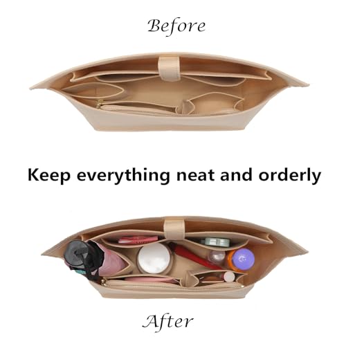 Doxo Purse Organizer Insert for Handbags, Tote Bag Insert Organizers with Laptop Compartment/Cup Holder, Softened Felt Compatible with LV Neverfull MM(Beige,Upgrade) - Image 3