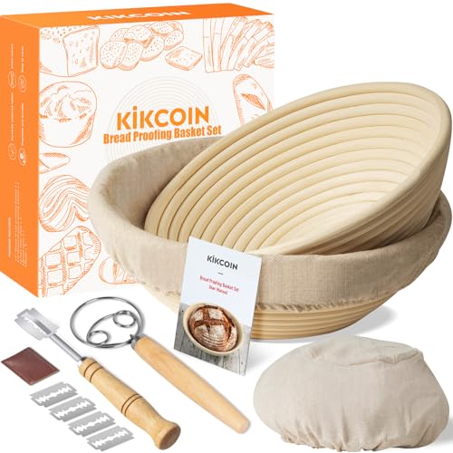 Kikcoin Bread Proofing Basket Kikcoin Banneton Bread Proofing Basket Set of 2 9 Inch 10 Inch Round Sourdough Proofing Basket with Linen Liner Bread Lame Dough Whisk - Image 1