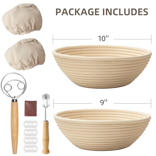 Kikcoin Bread Proofing Basket Kikcoin Banneton Bread Proofing Basket Set of 2 9 Inch 10 Inch Round Sourdough Proofing Basket with Linen Liner Bread Lame Dough Whisk - Image 3