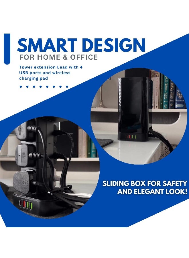 Tower Extension Lead with USB Slots 2M Multi Plug Extension 6 Outlets and 1 Type C & 3 USB Ports Wireless Charging Extension Lead with Widely Spaced Outlets for Home, Office, Kitchen - Image 2