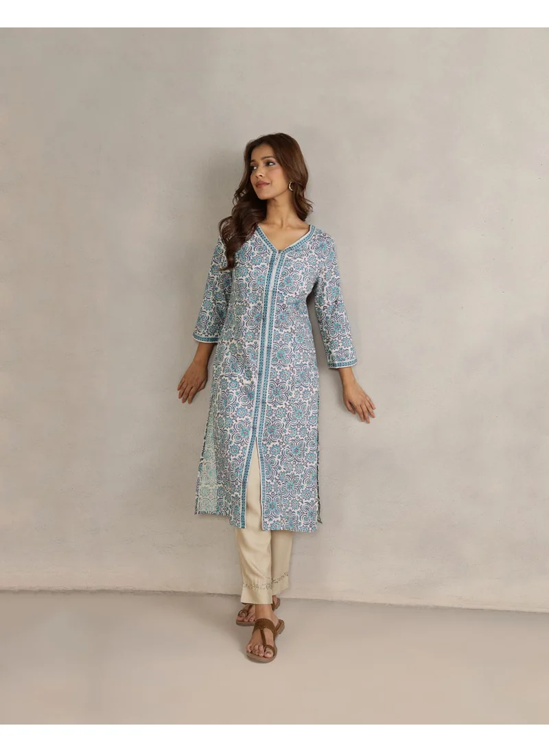 Fabindia Blue Cotton Hand Block Printed Long Kurta