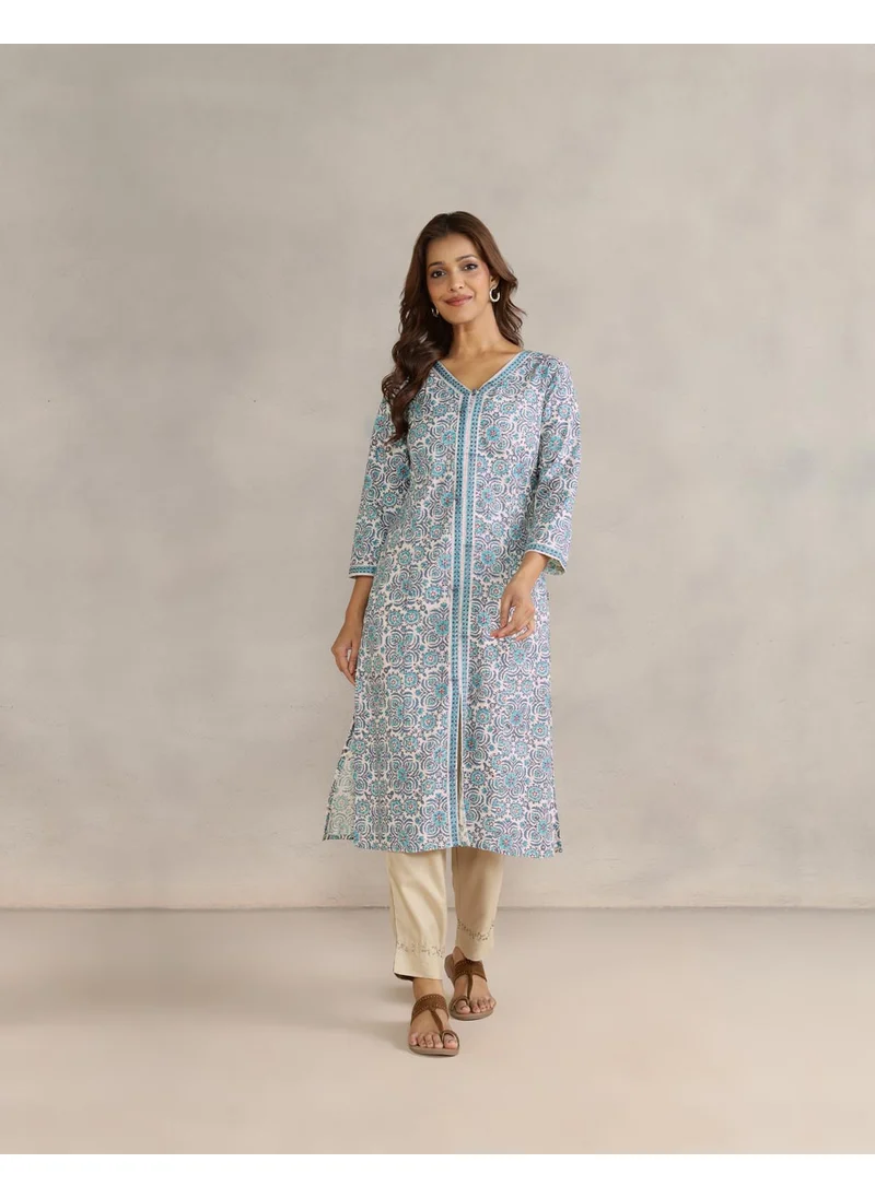 Fabindia Blue Cotton Hand Block Printed Long Kurta