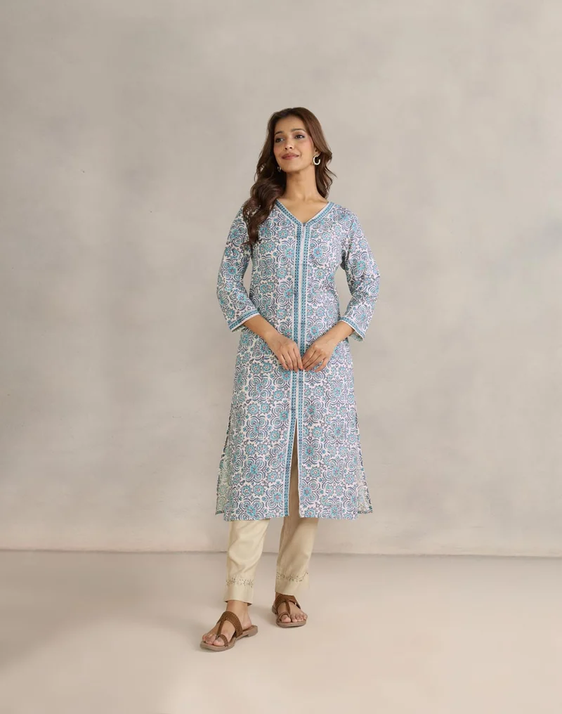 Fabindia Blue Cotton Hand Block Printed Long Kurta