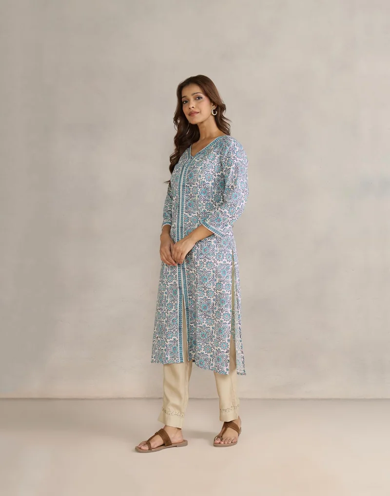 Fabindia Blue Cotton Hand Block Printed Long Kurta
