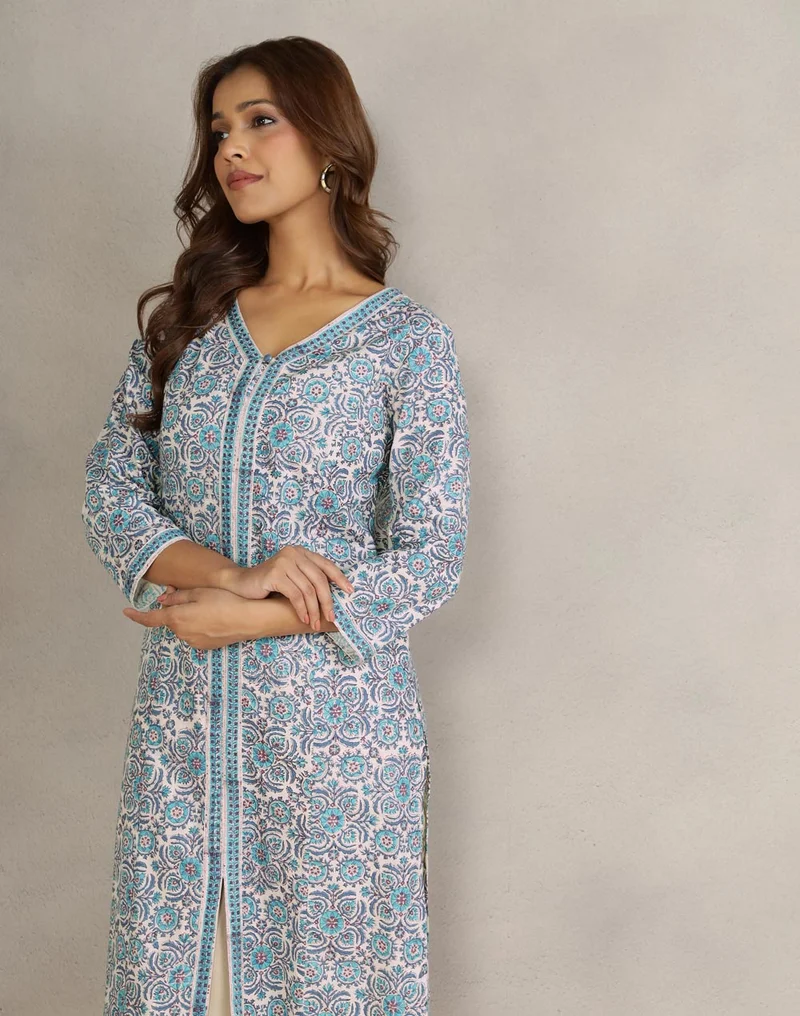 Fabindia Blue Cotton Hand Block Printed Long Kurta