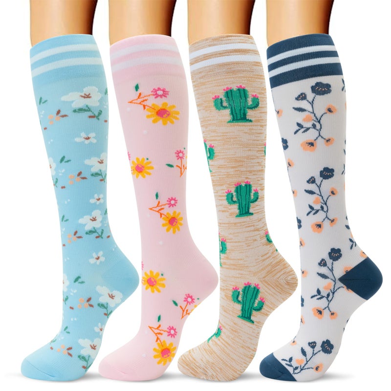 fenglaoda Compression Socks Women Men 4 Pairs, Knee High Support Socks for Running, Sports, Travel, Flight, Nurse - Image 1