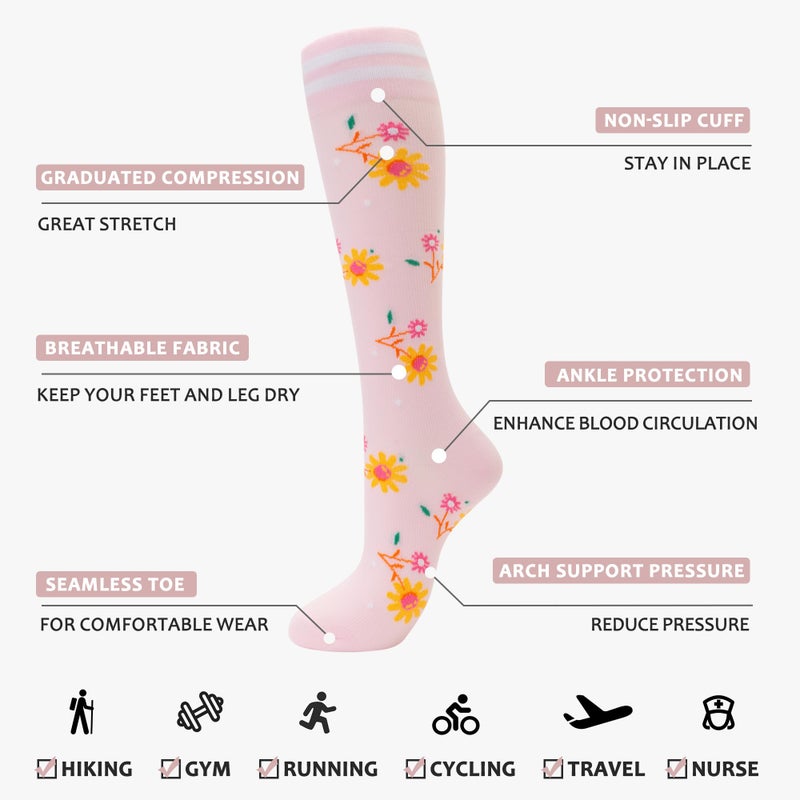 fenglaoda Compression Socks Women Men 4 Pairs, Knee High Support Socks for Running, Sports, Travel, Flight, Nurse - Image 2