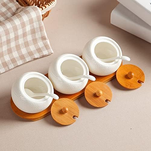 DANSR Spice Jar Set Ceramic Spice Jars Spice Holder with Holder Bamboo Lid Spoon Square Wooden Service Tray Dessert Tray Food Tray for Farmhouse Restaurants - Image 2
