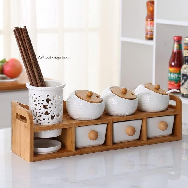 DANSR Spice Jar Set Ceramic Spice Jars Spice Holder with Holder Bamboo Lid Spoon Square Wooden Service Tray Dessert Tray Food Tray for Farmhouse Restaurants - Image 3