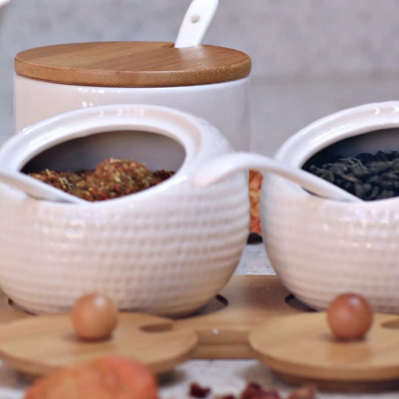 DANSR Spice Jar Set Ceramic Spice Jars Spice Holder with Holder Bamboo Lid Spoon Square Wooden Service Tray Dessert Tray Food Tray for Farmhouse Restaurants - Image 4