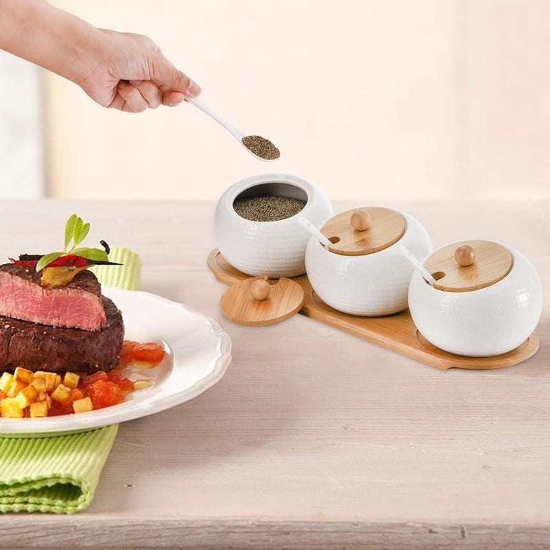 DANSR Spice Jar Set Ceramic Spice Jars Spice Holder with Holder Bamboo Lid Spoon Square Wooden Service Tray Dessert Tray Food Tray for Farmhouse Restaurants - Image 5
