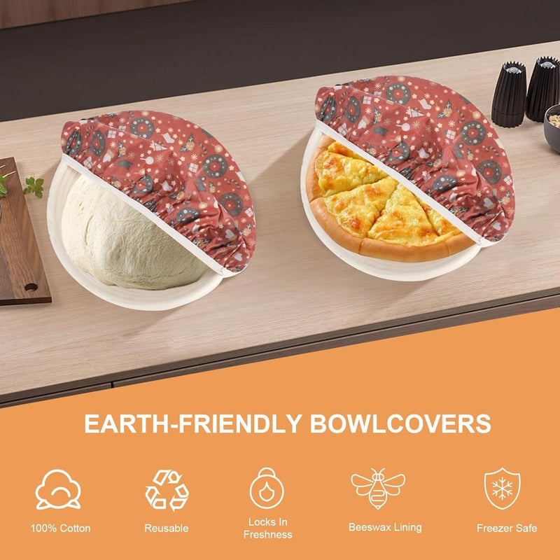 BERBAM Reusable Bowl Covers for Bread Proofing（2 Large）- Cotton Beeswax Bowl Covers Reusable with Elastic Rim, Sourdough Bowl Cover for Food Storage and Food Preservation (10INCH)(Christmas style) - Image 3