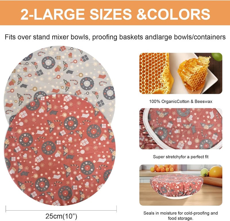 BERBAM Reusable Bowl Covers for Bread Proofing（2 Large）- Cotton Beeswax Bowl Covers Reusable with Elastic Rim, Sourdough Bowl Cover for Food Storage and Food Preservation (10INCH)(Christmas style) - Image 2