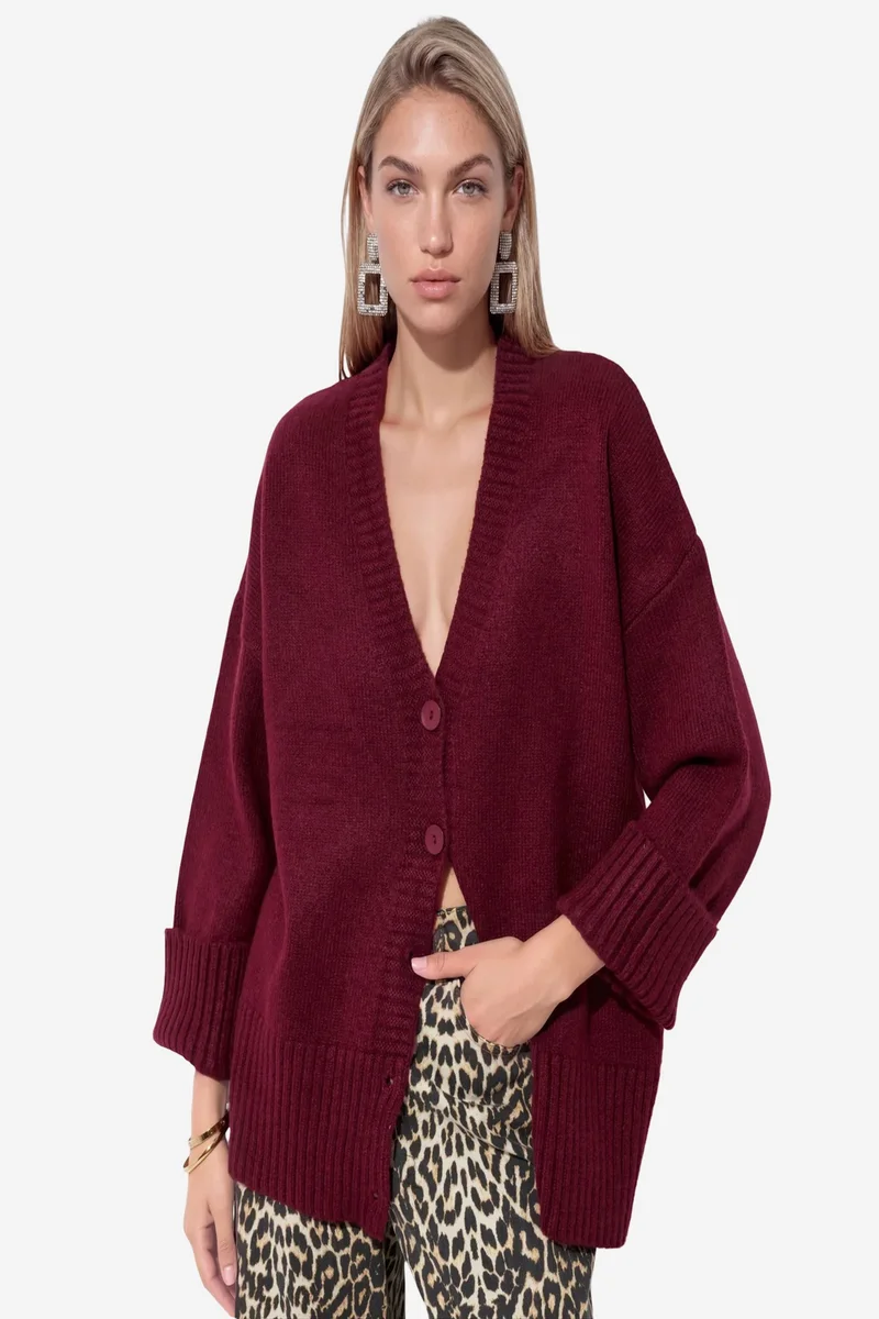 Viorna VIORNA Ribbed V-Neck Button Cardigan