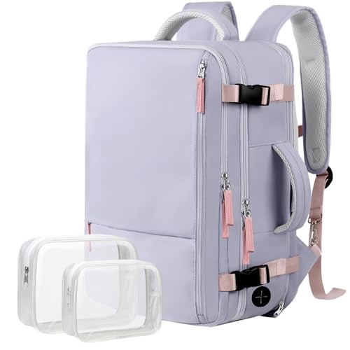 Hanples Large Travel Backpack for Women as Person Item Flight Approved, Waterproof 40L Carry On Backpack, 17 Inch Laptop Backpack for Business Bag with 2 Toiletry Bags (Gray Purple) - Image 1