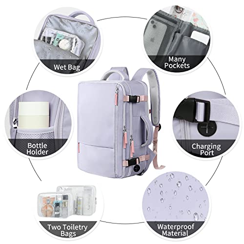 Hanples Large Travel Backpack for Women as Person Item Flight Approved, Waterproof 40L Carry On Backpack, 17 Inch Laptop Backpack for Business Bag with 2 Toiletry Bags (Gray Purple) - Image 5