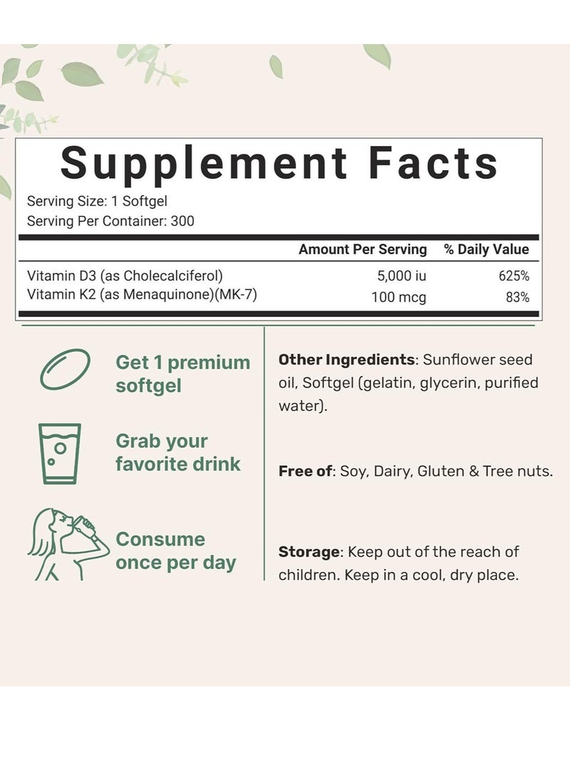 Vitamin Vitamin D3 5,000 iu Plus K2 (MK-7) 100 mcg, 180 Virgin Coconut Oil Softgels | 2 in 1 Vitamins D & K Complex | Supports Calcium Absorption, Bone, Immune, & Heart Health – Easy to Swallow  - Image 3