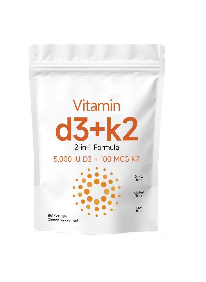 Vitamin Vitamin D3 5,000 iu Plus K2 (MK-7) 100 mcg, 180 Virgin Coconut Oil Softgels | 2 in 1 Vitamins D & K Complex | Supports Calcium Absorption, Bone, Immune, & Heart Health – Easy to Swallow  - Image 1