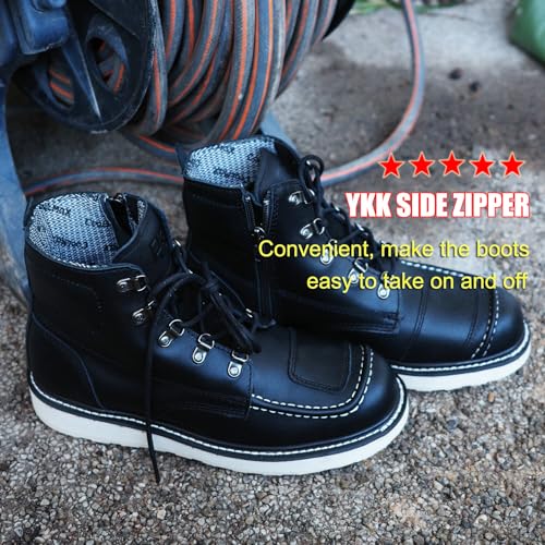 ROCKROOSTER Magnolia 6" Side-Zipper Wedge Boots for Men, Lightweight Soft Moc Toe Motorcycle Boots SAP309BK-Black-09 - Image 3