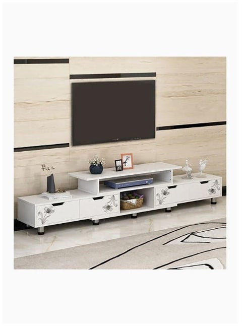 Tv Table,Tv Bench,Tv Unit Open Tv Cabinet with Storage Shelves,Extendable Tv Rack Modern Entertainment Center Gaming Media Storage Stand Console Table with 4 Drawers 120-192cm Long(White)
