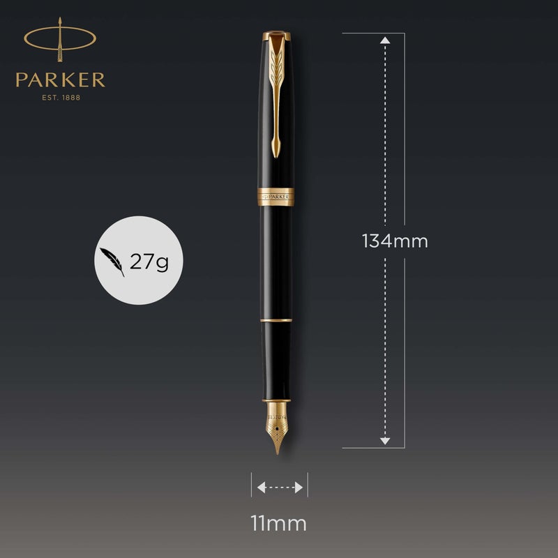 PARKER Sonnet Fountain Pen, Black Lacquer with Gold Trim, Medium Nib (1931495) - Image 3