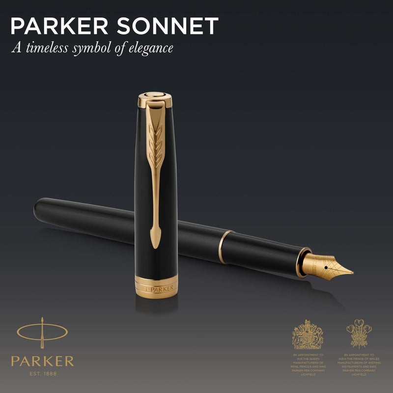 PARKER Sonnet Fountain Pen, Black Lacquer with Gold Trim, Medium Nib (1931495) - Image 2