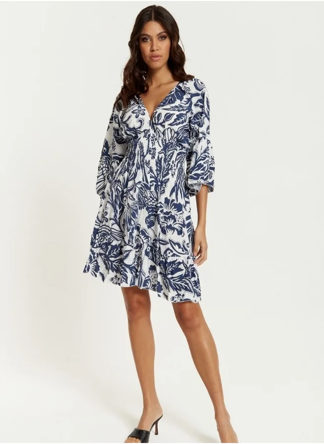 Hoxton Gal Relaxed Fit V Neck Detailed Floral Print Mini Dress