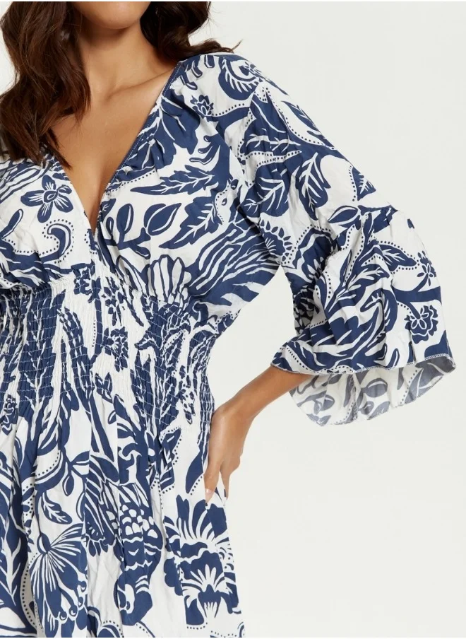 Hoxton Gal Relaxed Fit V Neck Detailed Floral Print Mini Dress