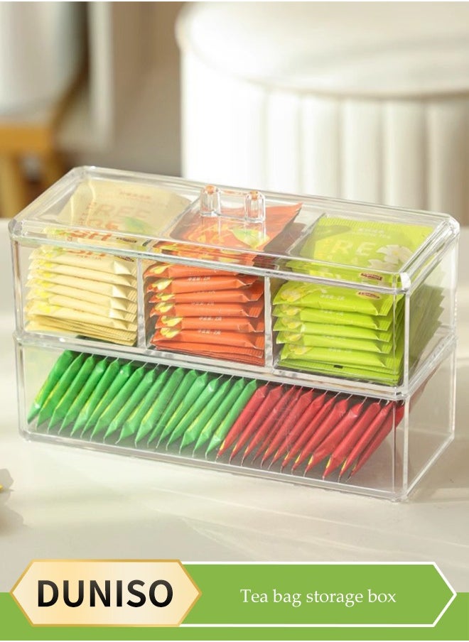 DUNISO Double Layer Tea Bag Organizer Storage Box, plastic tea bag rack, transparent desktop storage box, coffee storage box， dust proof, suitable for home, restaurant, and office use，23.2*9.5*17cm  - Image 1