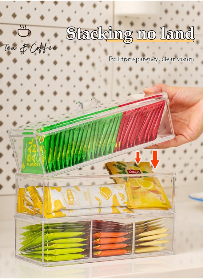 DUNISO Double Layer Tea Bag Organizer Storage Box, plastic tea bag rack, transparent desktop storage box, coffee storage box， dust proof, suitable for home, restaurant, and office use，23.2*9.5*17cm  - Image 3