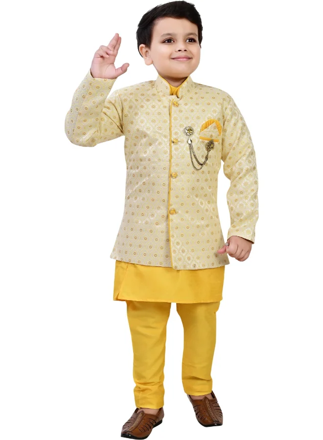 BT DEZINES Boys Yellow Jacquard Ethnic Sherwani Set