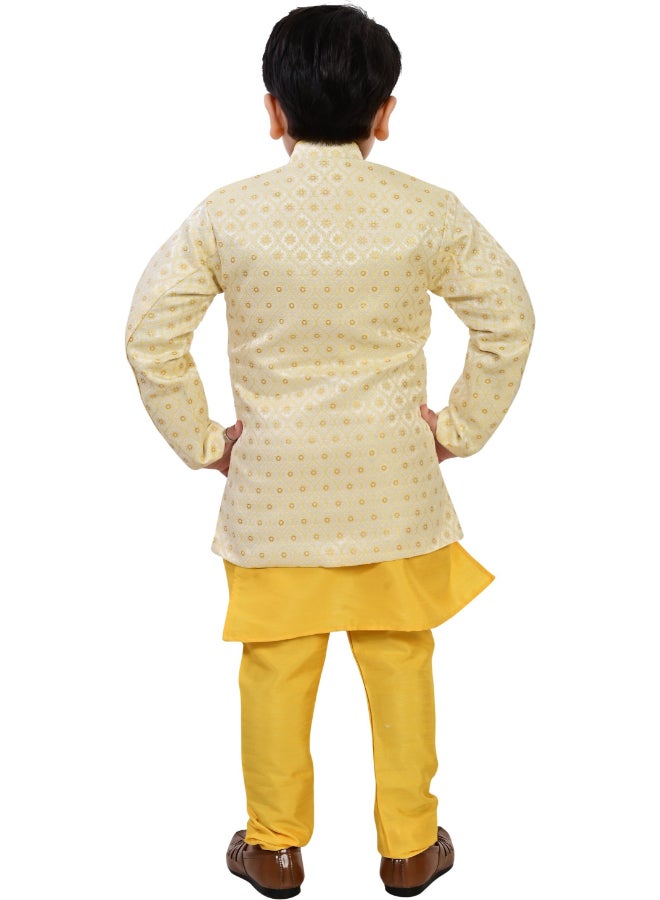 BT DEZINES Boys Yellow Jacquard Ethnic Sherwani Set - Image 2