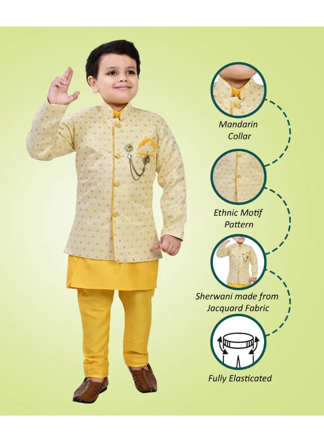 BT DEZINES Boys Yellow Jacquard Ethnic Sherwani Set