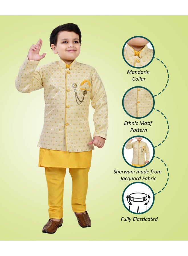 BT DEZINES Boys Yellow Jacquard Ethnic Sherwani Set - Image 3