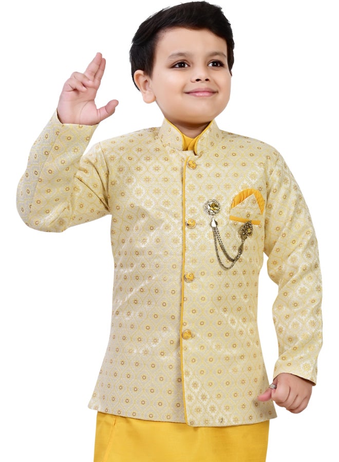 BT DEZINES Boys Yellow Jacquard Ethnic Sherwani Set - Image 5