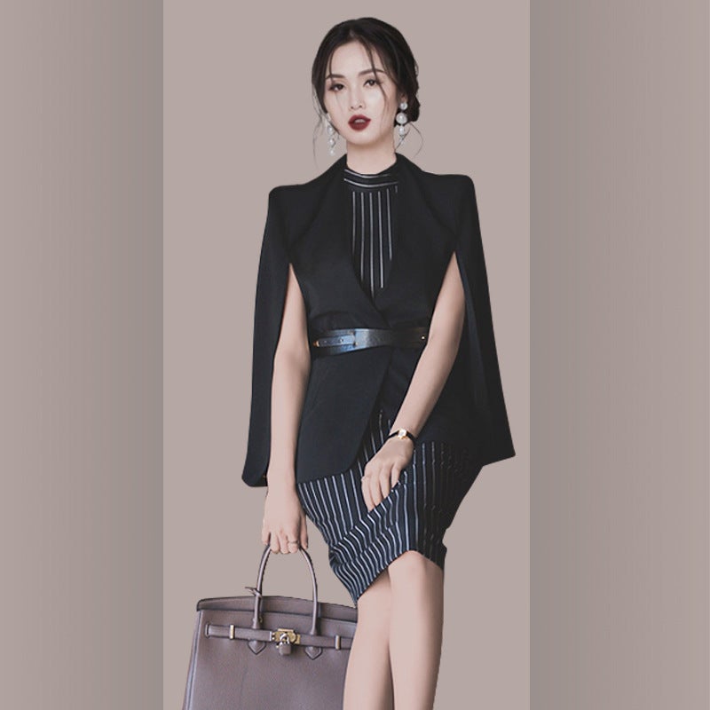 Cross-border suit Autumn New socialite cape coat + striped slim sleeveless dress two-piece set for women Black two-piece skirt [belt delivery]]
