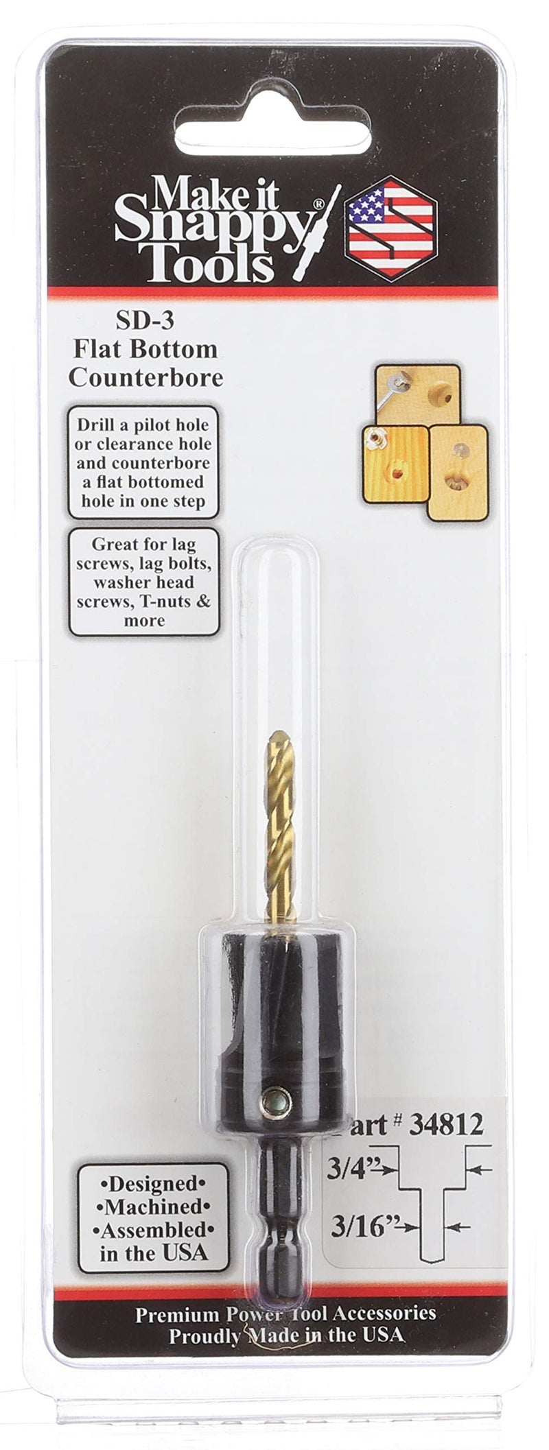 Make It Snappy Tools 3/16 Inch X 3/4 Inch 3-Flute Flat Bottom Counterbore With Tin Coated Twist Drill #34812 - Image 2