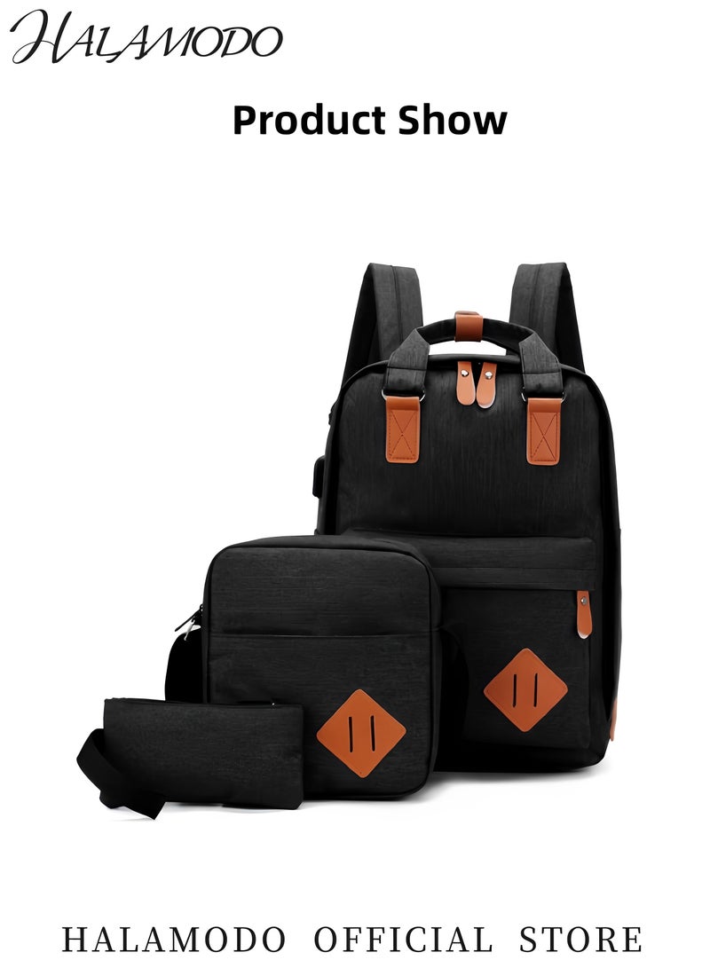 HALAMODO Laptop Backpack Set of 1pc Backpack & 1pc Shoulder Bag & 1pc Handbag Large Capacity Backpack with USB Charging Port Travel Backpack Water Resistant Backpack Casual Schoolbag  - Image 2