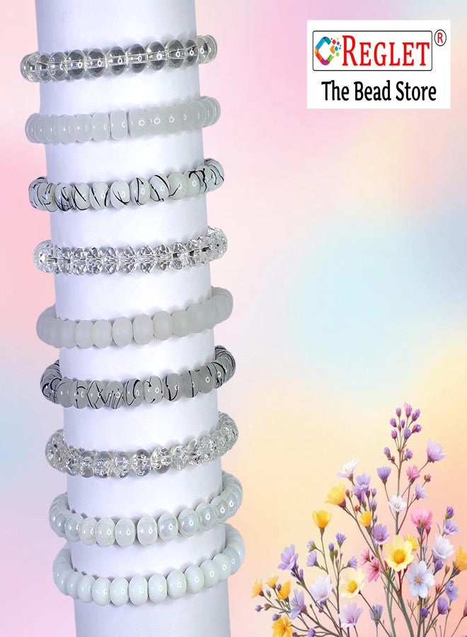 REGLET Pack of 9 - White Glass Bead Bracelet Set - Mullticolour - Stretchable Bracelets for Women, Girls Stylish - Adjustable - Bead Size 8mm - Image 5