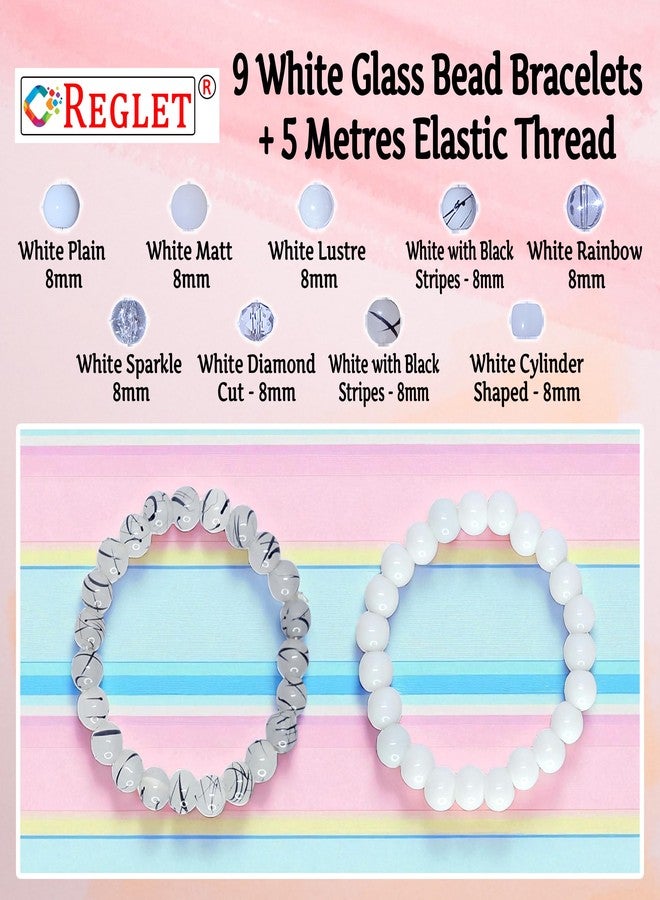 REGLET Pack of 9 - White Glass Bead Bracelet Set - Mullticolour - Stretchable Bracelets for Women, Girls Stylish - Adjustable - Bead Size 8mm - Image 3