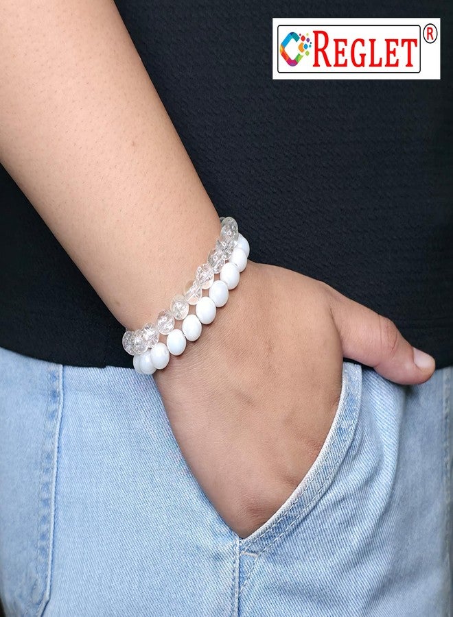 REGLET Pack of 9 - White Glass Bead Bracelet Set - Mullticolour - Stretchable Bracelets for Women, Girls Stylish - Adjustable - Bead Size 8mm - Image 4