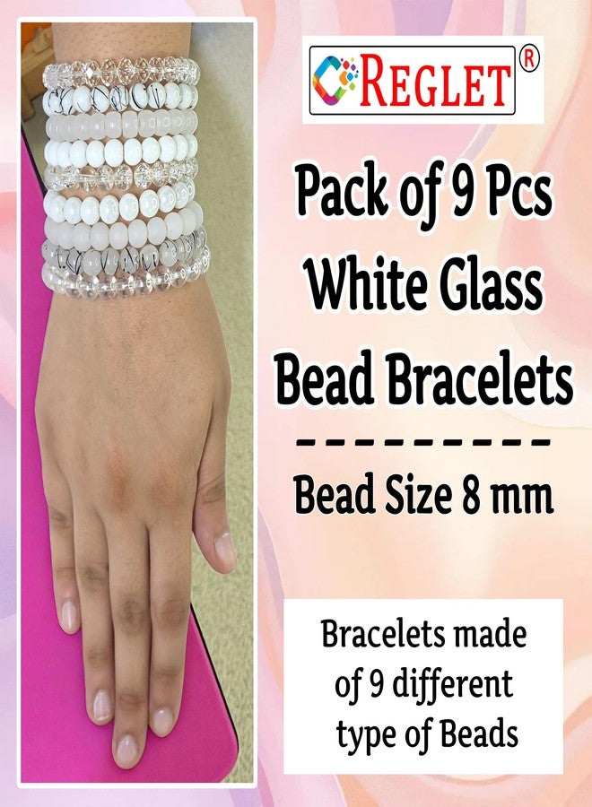 REGLET Pack of 9 - White Glass Bead Bracelet Set - Mullticolour - Stretchable Bracelets for Women, Girls Stylish - Adjustable - Bead Size 8mm - Image 2