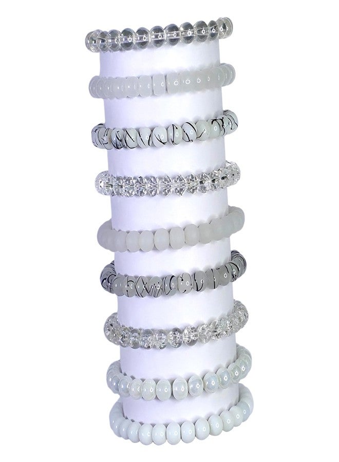 REGLET Pack of 9 - White Glass Bead Bracelet Set - Mullticolour - Stretchable Bracelets for Women, Girls Stylish - Adjustable - Bead Size 8mm - Image 1